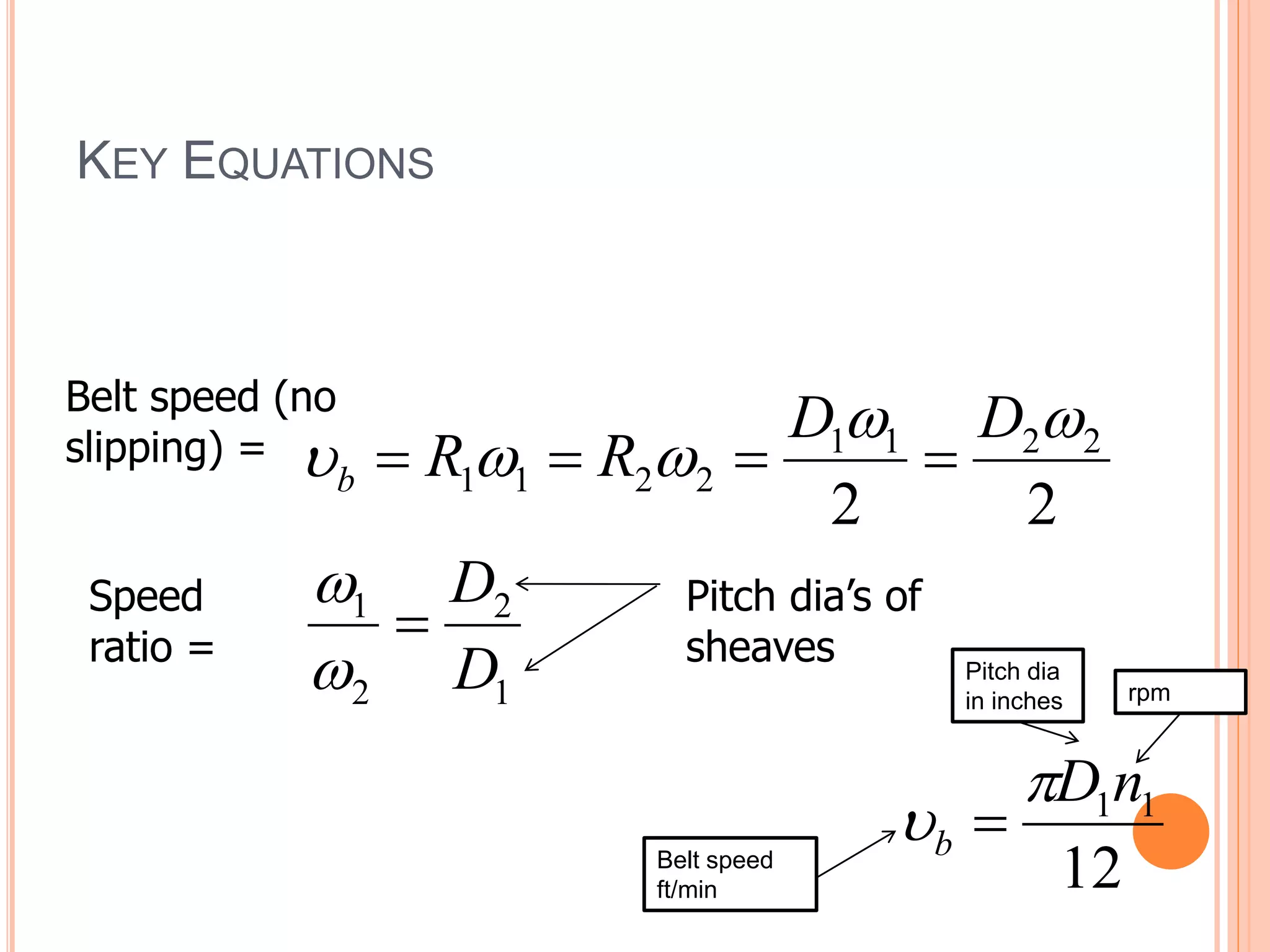 KEY EQUATIONS
1
2
2
1
2
2
1
1
2
2
1
1
2
2
D
D
D
D
R
R
b












Belt speed (no
slipping) =
Speed
ratio =
Pitch dia’s of
sheaves
12
1
1n
D
b

 
Belt speed
ft/min
Pitch dia
in inches rpm
 