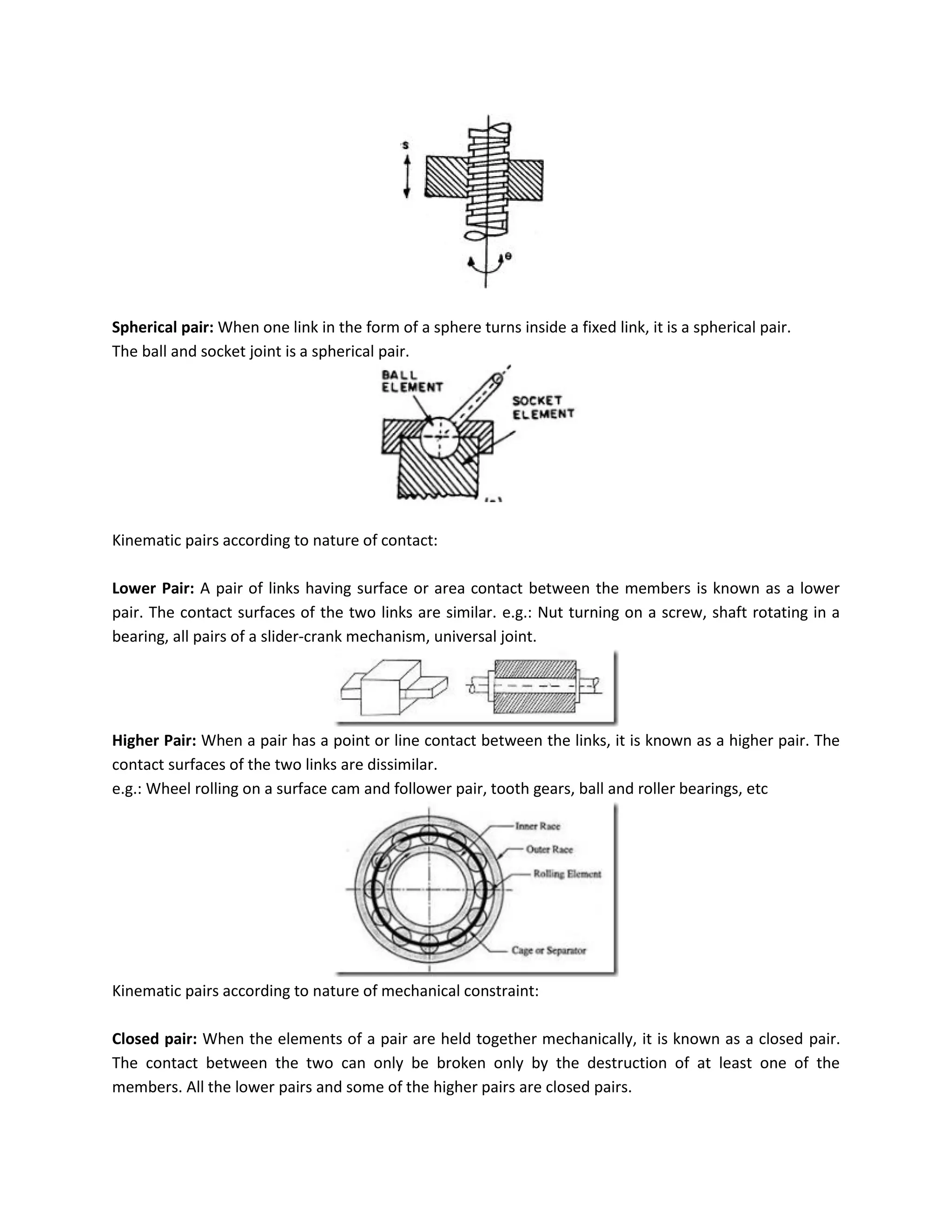 Spherical pair: When one link in the form of a sphere turns inside a fixed link, it is a spherical pair.
The ball and socket joint is a spherical pair.
Kinematic pairs according to nature of contact:
Lower Pair: A pair of links having surface or area contact between the members is known as a lower
pair. The contact surfaces of the two links are similar. e.g.: Nut turning on a screw, shaft rotating in a
bearing, all pairs of a slider-crank mechanism, universal joint.
Higher Pair: When a pair has a point or line contact between the links, it is known as a higher pair. The
contact surfaces of the two links are dissimilar.
e.g.: Wheel rolling on a surface cam and follower pair, tooth gears, ball and roller bearings, etc
Kinematic pairs according to nature of mechanical constraint:
Closed pair: When the elements of a pair are held together mechanically, it is known as a closed pair.
The contact between the two can only be broken only by the destruction of at least one of the
members. All the lower pairs and some of the higher pairs are closed pairs.
 