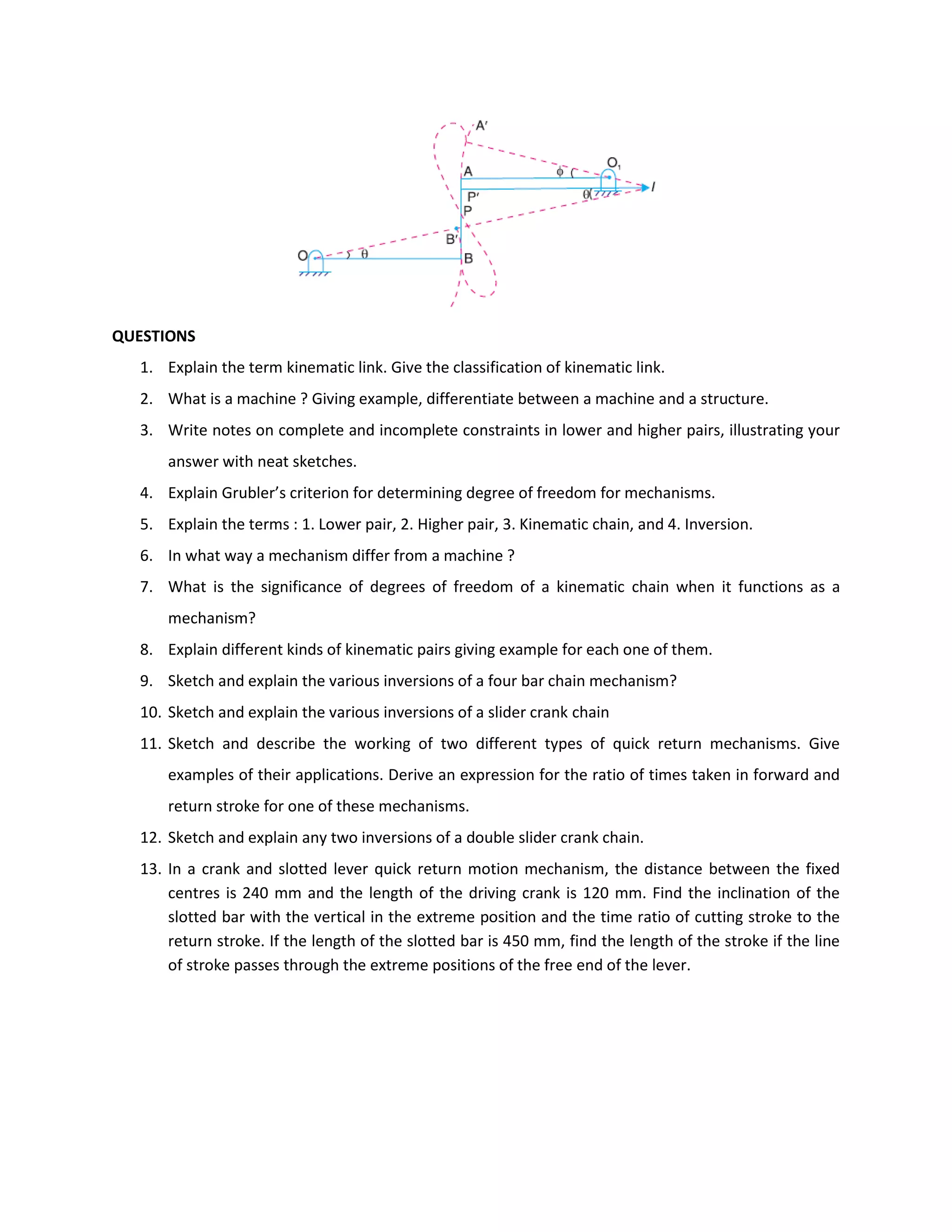 QUESTIONS
1. Explain the term kinematic link. Give the classification of kinematic link.
2. What is a machine ? Giving example, differentiate between a machine and a structure.
3. Write notes on complete and incomplete constraints in lower and higher pairs, illustrating your
answer with neat sketches.
4. Explain Grubler’s criterion for determining degree of freedom for mechanisms.
5. Explain the terms : 1. Lower pair, 2. Higher pair, 3. Kinematic chain, and 4. Inversion.
6. In what way a mechanism differ from a machine ?
7. What is the significance of degrees of freedom of a kinematic chain when it functions as a
mechanism?
8. Explain different kinds of kinematic pairs giving example for each one of them.
9. Sketch and explain the various inversions of a four bar chain mechanism?
10. Sketch and explain the various inversions of a slider crank chain
11. Sketch and describe the working of two different types of quick return mechanisms. Give
examples of their applications. Derive an expression for the ratio of times taken in forward and
return stroke for one of these mechanisms.
12. Sketch and explain any two inversions of a double slider crank chain.
13. In a crank and slotted lever quick return motion mechanism, the distance between the fixed
centres is 240 mm and the length of the driving crank is 120 mm. Find the inclination of the
slotted bar with the vertical in the extreme position and the time ratio of cutting stroke to the
return stroke. If the length of the slotted bar is 450 mm, find the length of the stroke if the line
of stroke passes through the extreme positions of the free end of the lever.
 