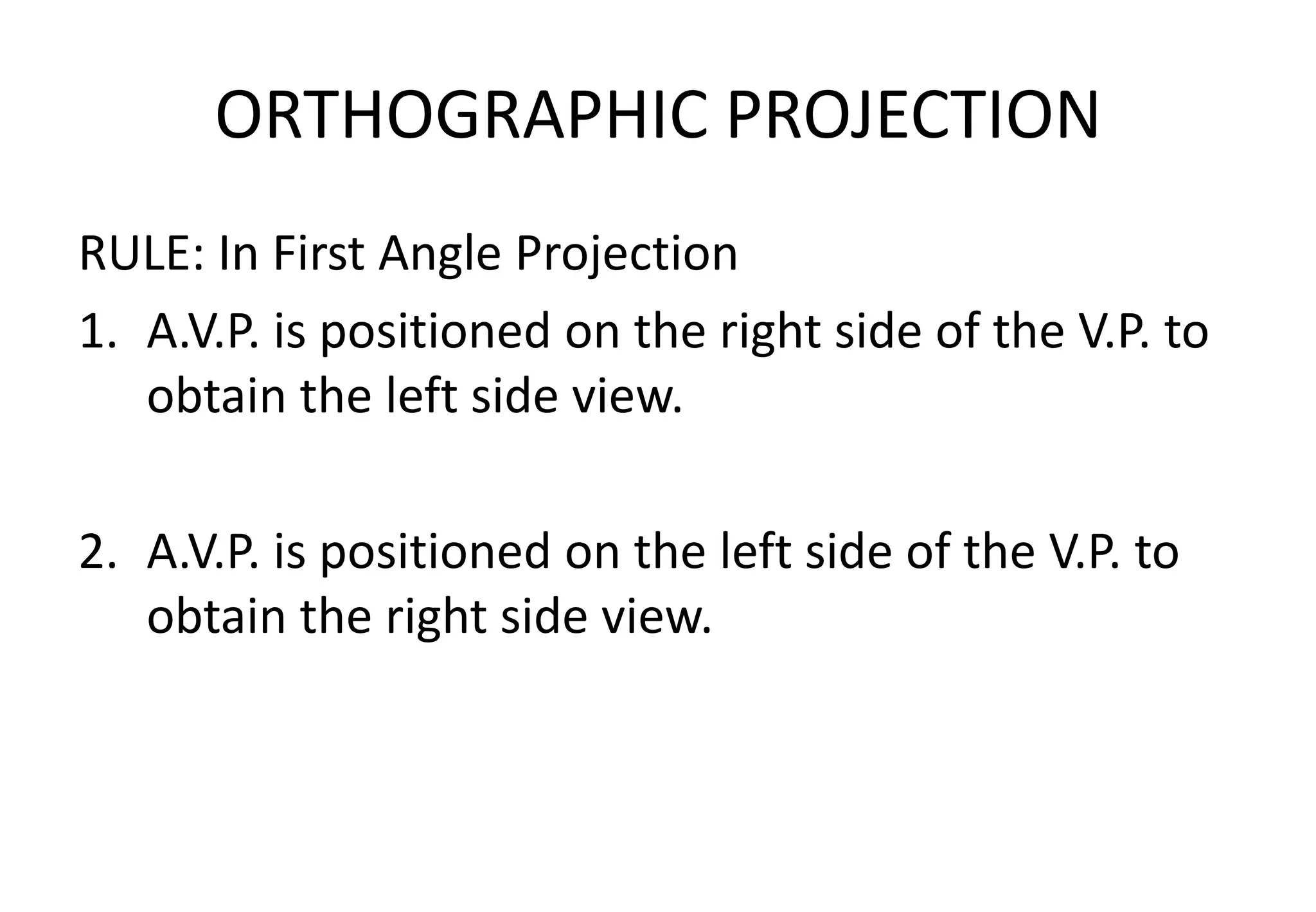 ORTHOGRAPHIC PROJECTION
RULE: In First Angle Projection
1. A.V.P. is positioned on the right side of the V.P. to
obtain the left side view.
2. A.V.P. is positioned on the left side of the V.P. to
obtain the right side view.
 