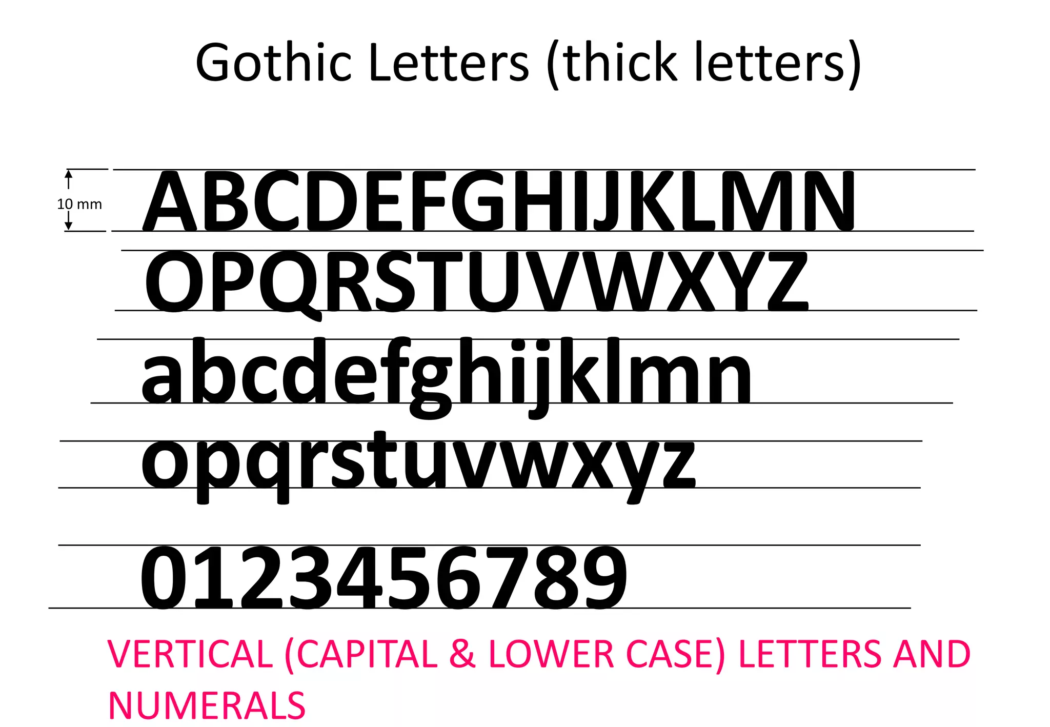Gothic Letters (thick letters)
ABCDEFGHIJKLMN
OPQRSTUVWXYZ
abcdefghijklmn
0123456789
opqrstuvwxyz
VERTICAL (CAPITAL & LOWER CASE) LETTERS AND
NUMERALS
10 mm
 