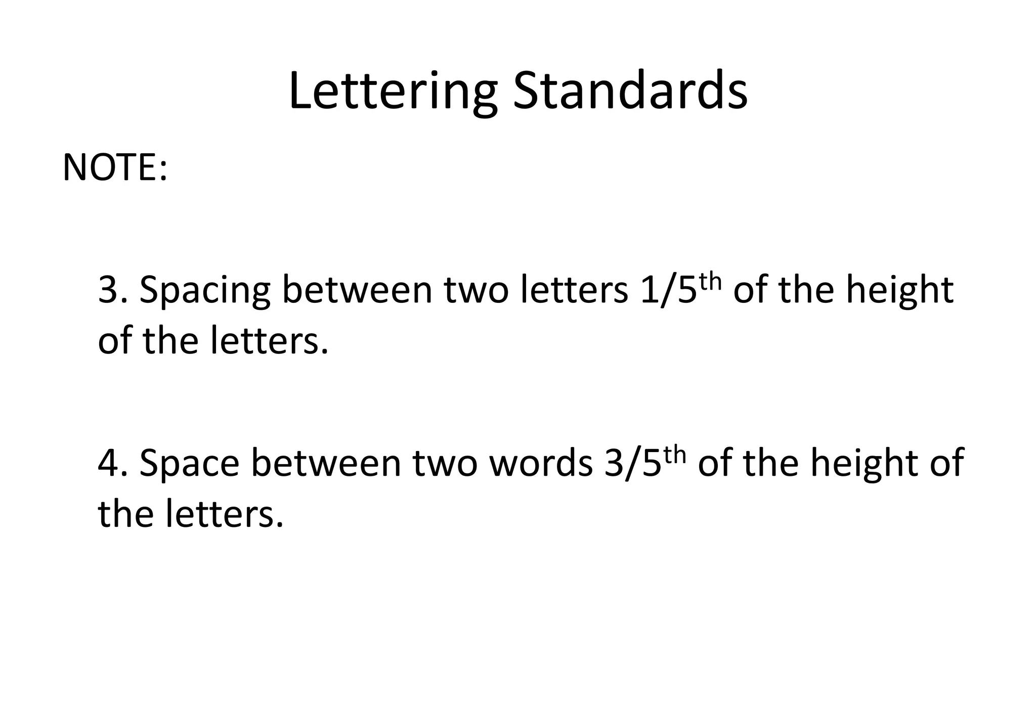 Lettering Standards
NOTE:
3. Spacing between two letters 1/5th of the height
of the letters.
4. Space between two words 3/5th of the height of
the letters.
 