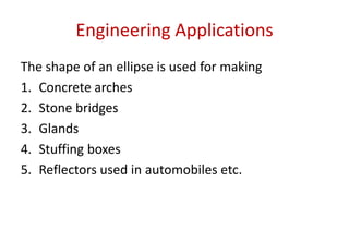 Engineering Applications
The shape of an ellipse is used for making
1. Concrete arches
2. Stone bridges
3. Glands
4. Stuffing boxes
5. Reflectors used in automobiles etc.
 