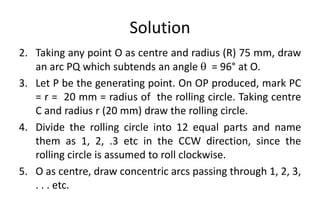 Solution
2. Taking any point O as centre and radius (R) 75 mm, draw
an arc PQ which subtends an angle  = 96° at O.
3. Let P be the generating point. On OP produced, mark PC
= r = 20 mm = radius of the rolling circle. Taking centre
C and radius r (20 mm) draw the rolling circle.
4. Divide the rolling circle into 12 equal parts and name
them as 1, 2, .3 etc in the CCW direction, since the
rolling circle is assumed to roll clockwise.
5. O as centre, draw concentric arcs passing through 1, 2, 3,
. . . etc.
 