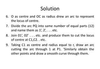 Solution
6. O as centre and OC as radius drew an arc to represent
the locus of centre.
7. Divide the arc PQ into same number of equal parts (12)
and name them as 1’, 2’, . . . etc.
8. Join 01’, 02’ . . . etc. and produce them to cut the locus
of centre at C1,C2. . etc.
9. Taking C1 as centre and radius equal to r, draw an arc
cutting the arc through 1 at P1. ‘Similarly obtain the
other points and draw a smooth curve through them.
 