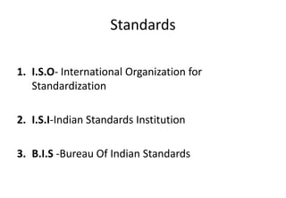Standards
1. I.S.O- International Organization for
Standardization
2. I.S.I-Indian Standards Institution
3. B.I.S -Bureau Of Indian Standards
 