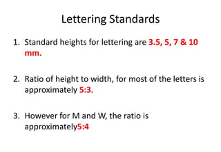 Lettering Standards
1. Standard heights for lettering are 3.5, 5, 7 & 10
mm.
2. Ratio of height to width, for most of the letters is
approximately 5:3.
3. However for M and W, the ratio is
approximately5:4
 