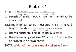 Problem 1
1. R.F.
2. Length of scale = R.F. x maximum length to be
measured.
Maximum length to be measured = 50 m (given)
length of scale =
3. Draw a horizontal line of length 12.5 cm (L)
4. Draw a rectangle of size 12.5cm x 0.5cm on the
horizontal line drawn above.
NOTE: Width of the scale is usually taken as 5 mm
400
1
100cm
4
1cm
)
units
same
in
(
size
Actual
size
Drawing




cm
100
m
50
400
1
m
50
400
1




 