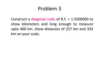 Problem 3
Construct a diagonal scale of R.F. = 1:3200000 to
show kilometers and long enough to measure
upto 400 km. show distances of 257 km and 333
km on your scale.
 