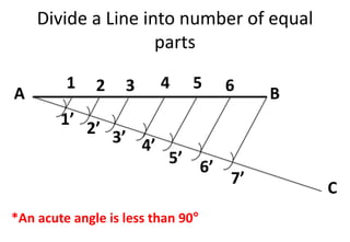 Divide a Line into number of equal
parts
A B
C
7’
1’
2’
3’ 4’
5’
6’
1 2 3 4 5 6
*An acute angle is less than 90°
 