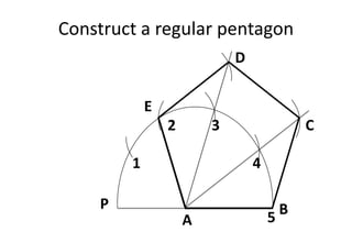 Construct a regular pentagon
P B
A
C
D
E
5
4
3
2
1
 