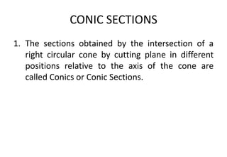 CONIC SECTIONS
1. The sections obtained by the intersection of a
right circular cone by cutting plane in different
positions relative to the axis of the cone are
called Conics or Conic Sections.
 