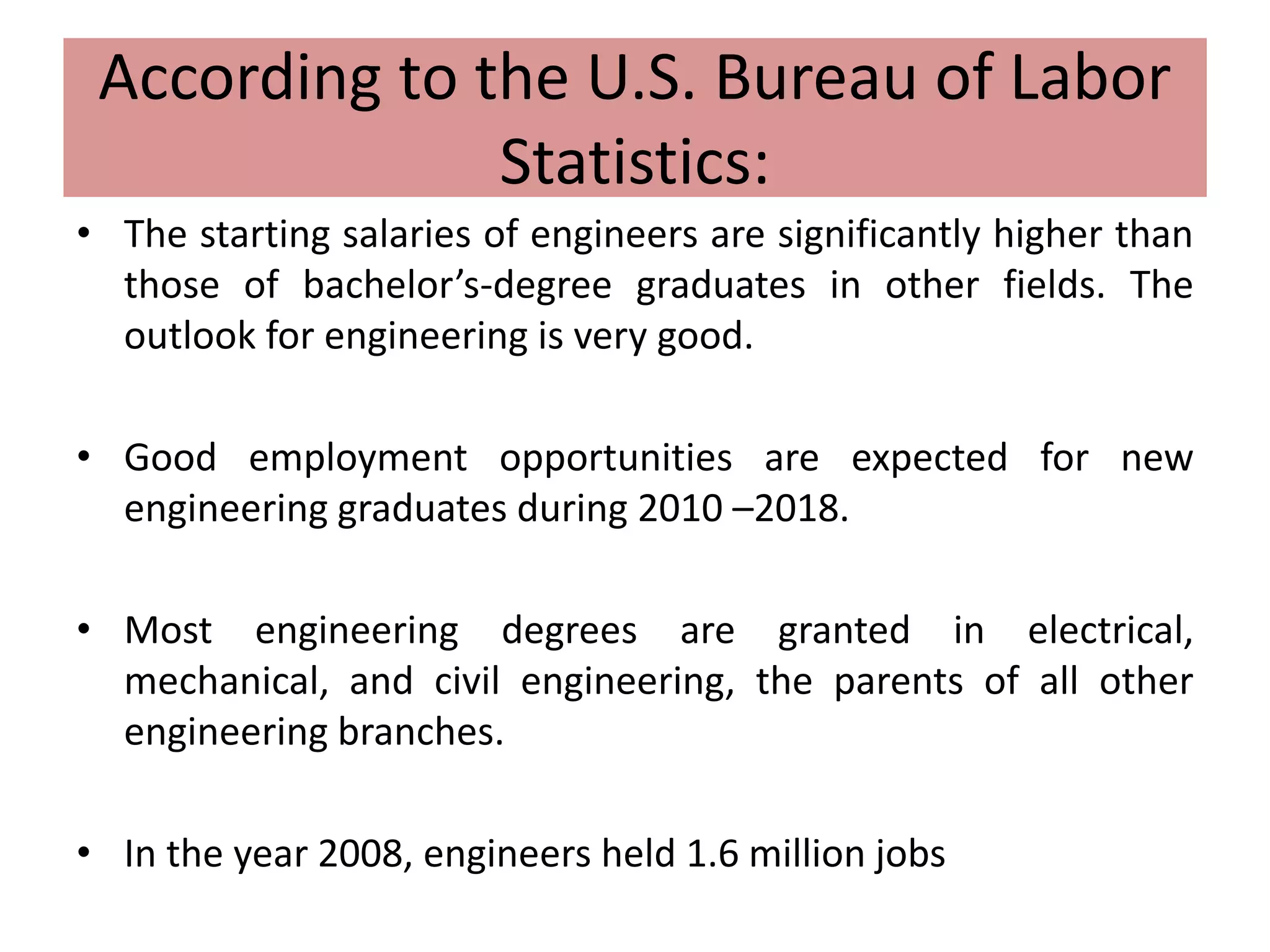 • The starting salaries of engineers are significantly higher than
those of bachelor’s-degree graduates in other fields. The
outlook for engineering is very good.
• Good employment opportunities are expected for new
engineering graduates during 2010 –2018.
• Most engineering degrees are granted in electrical,
mechanical, and civil engineering, the parents of all other
engineering branches.
• In the year 2008, engineers held 1.6 million jobs
According to the U.S. Bureau of Labor
Statistics:
 