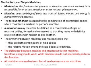 Mechanisms and Simple Machines
• Mechanism: the fundamental physical or chemical processes involved in or
responsible for ...