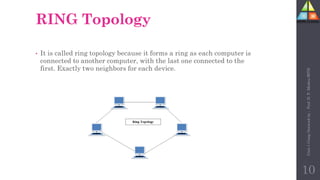RING Topology
• It is called ring topology because it forms a ring as each computer is
connected to another computer, with the last one connected to the
first. Exactly two neighbors for each device.
10
Unit-1
Comp
Network
by
:
Prof.
D.
P.
Mishra
BITD
 
