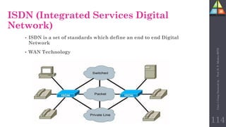• ISDN is a set of standards which define an end to end Digital
Network
• WAN Technology
ISDN (Integrated Services Digital
Network)
114
Unit-1
Comp
Network
by
:
Prof.
D.
P.
Mishra
BITD
 
