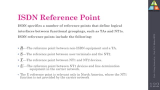 ISDN specifies a number of reference points that define logical
interfaces between functional groupings, such as TAs and NT1s.
ISDN reference points include the following:
• R---The reference point between non-ISDN equipment and a TA.
• S---The reference point between user terminals and the NT2.
• T---The reference point between NT1 and NT2 devices.
• U---The reference point between NT1 devices and line-termination
equipment in the carrier network.
• The U reference point is relevant only in North America, where the NT1
function is not provided by the carrier network
ISDN Reference Point
122
Unit-1
Comp
Network
by
:
Prof.
D.
P.
Mishra
BITD
 