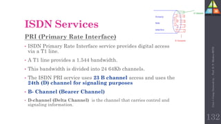PRI (Primary Rate Interface)
• ISDN Primary Rate Interface service provides digital access
via a T1 line.
• A T1 line provides a 1.544 bandwidth.
• This bandwidth is divided into 24 64Kb channels.
• The ISDN PRI service uses 23 B channel access and uses the
24th (D) channel for signaling purposes
• B- Channel (Bearer Channel)
• D-channel (Delta Channel) is the channel that carries control and
signaling information.
ISDN Services
132
Unit-1
Comp
Network
by
:
Prof.
D.
P.
Mishra
BITD
 
