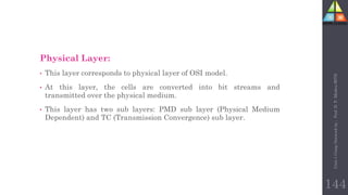 Physical Layer:
• This layer corresponds to physical layer of OSI model.
• At this layer, the cells are converted into bit streams and
transmitted over the physical medium.
• This layer has two sub layers: PMD sub layer (Physical Medium
Dependent) and TC (Transmission Convergence) sub layer.
Unit-1
Comp
Network
by
:
Prof.
D.
P.
Mishra
BITD
144
 