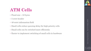 149
ATM Cells
• Fixed size – 53 bytes
• 5 octet header
• 48 octet information field
• Small cells reduce queuing delay for high priority cells
• Small cells can be switched more efficiently
• Easier to implement switching of small cells in hardware
Unit-1
Comp
Network
by
:
Prof.
D.
P.
Mishra
BITD
 