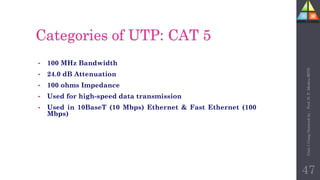 Categories of UTP: CAT 5
• 100 MHz Bandwidth
• 24.0 dB Attenuation
• 100 ohms Impedance
• Used for high-speed data transmission
• Used in 10BaseT (10 Mbps) Ethernet & Fast Ethernet (100
Mbps)
47
Unit-1
Comp
Network
by
:
Prof.
D.
P.
Mishra
BITD
 