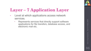 Layer – 7 Application Layer
• Level at which applications access network
services.
 Represents services that directly support software
applications for file transfers, database access, and
electronic mail etc.
86
Unit-1
Comp
Network
by
:
Prof.
D.
P.
Mishra
BITD
 