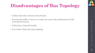 Disadvantages of Bus Topology
• Cables fails then whole network fails.
• If network traffic is heavy or nodes are more the performance of the
network decreases.
• Cable has a limited length.
• It is slower than the ring topology
9
Unit-1
Comp
Network
by
:
Prof.
D.
P.
Mishra
BITD
 