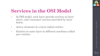 Services in the OSI Model
• In OSI model, each layer provide services to layer
above, and ‘consumes’ services provided by layer
below.
• Active elements in a layer called entities.
• Entities in same layer in different machines called
peer entities.
94
Unit-1
Comp
Network
by
:
Prof.
D.
P.
Mishra
BITD
 