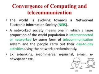 Convergence of Computing and
telecommunication
• The world is evolving towards a Networked
Electronic Information Society (NEIS).
• A networked society means one in which a large
proportion of the world population is interconnected
or networked by some form of telecommunication
system and the people carry out their day-to-day
activities using the network predominantly.
• Ex: e-banking, e-commerce, e-journal, e-mail, e-
newspaper etc.,
 