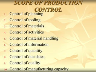 SCOPE OF PRODUCTION
CONTROL
1. Control of planning
2. Control of tooling
3. Control of materials
4. Control of activities
5. Control of material handling
6. Control of information
7. Control of quantity
8. Control of due dates
9. Control of quality
10. Control of manufacturing capacity
 