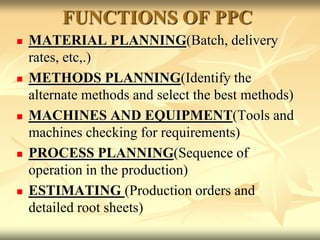 FUNCTIONS OF PPC
 MATERIAL PLANNING(Batch, delivery
rates, etc,.)
 METHODS PLANNING(Identify the
alternate methods and select the best methods)
 MACHINES AND EQUIPMENT(Tools and
machines checking for requirements)
 PROCESS PLANNING(Sequence of
operation in the production)
 ESTIMATING (Production orders and
detailed root sheets)
 