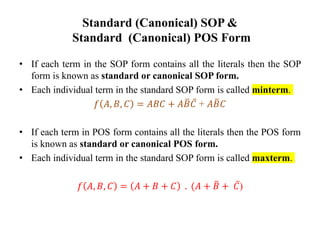 Standard (Canonical) SOP &
Standard (Canonical) POS Form
• If each term in the SOP form contains all the literals then the SOP
form is known as standard or canonical SOP form.
• Each individual term in the standard SOP form is called minterm.
𝑓 𝐴, 𝐵, 𝐶 = 𝐴𝐵𝐶 + 𝐴𝐵𝐶 + 𝐴𝐵𝐶
• If each term in POS form contains all the literals then the POS form
is known as standard or canonical POS form.
• Each individual term in the standard SOP form is called maxterm.
𝑓 𝐴, 𝐵, 𝐶 = 𝐴 + 𝐵 + 𝐶 . (𝐴 + 𝐵 + 𝐶)
 