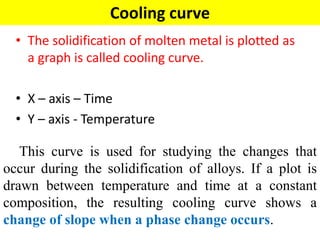 Cooling curve
• The solidification of molten metal is plotted as
a graph is called cooling curve.
• X – axis – Time
• Y – axis - Temperature
This curve is used for studying the changes that
occur during the solidification of alloys. If a plot is
drawn between temperature and time at a constant
composition, the resulting cooling curve shows a
change of slope when a phase change occurs.
 