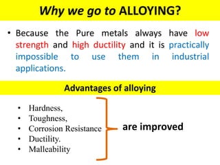 Why we go to ALLOYING?
• Because the Pure metals always have low
strength and high ductility and it is practically
impossible to use them in industrial
applications.
• Hardness,
• Toughness,
• Corrosion Resistance
• Ductility.
• Malleability
Advantages of alloying
are improved
 