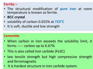 Ferrite –
• The structural modification of pure iron at room
temperature is known as ferrite.
• BCC crystal
• solubility of carbon 0.025% at 723°C
• It is soft, ductile and low strength
Cementite
• When carbon in iron exceeds the solubility limit, it
forms ----- carbon up to 6.67%
• This is also called iron carbide (Fe3C)
• low tensile strength but high compressive strength
and ferromagnetic
• It is hardest structure in iron carbide system.
 