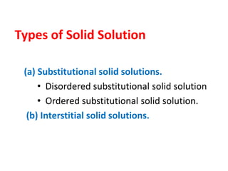 Types of Solid Solution
(a) Substitutional solid solutions.
• Disordered substitutional solid solution
• Ordered substitutional solid solution.
(b) Interstitial solid solutions.
 