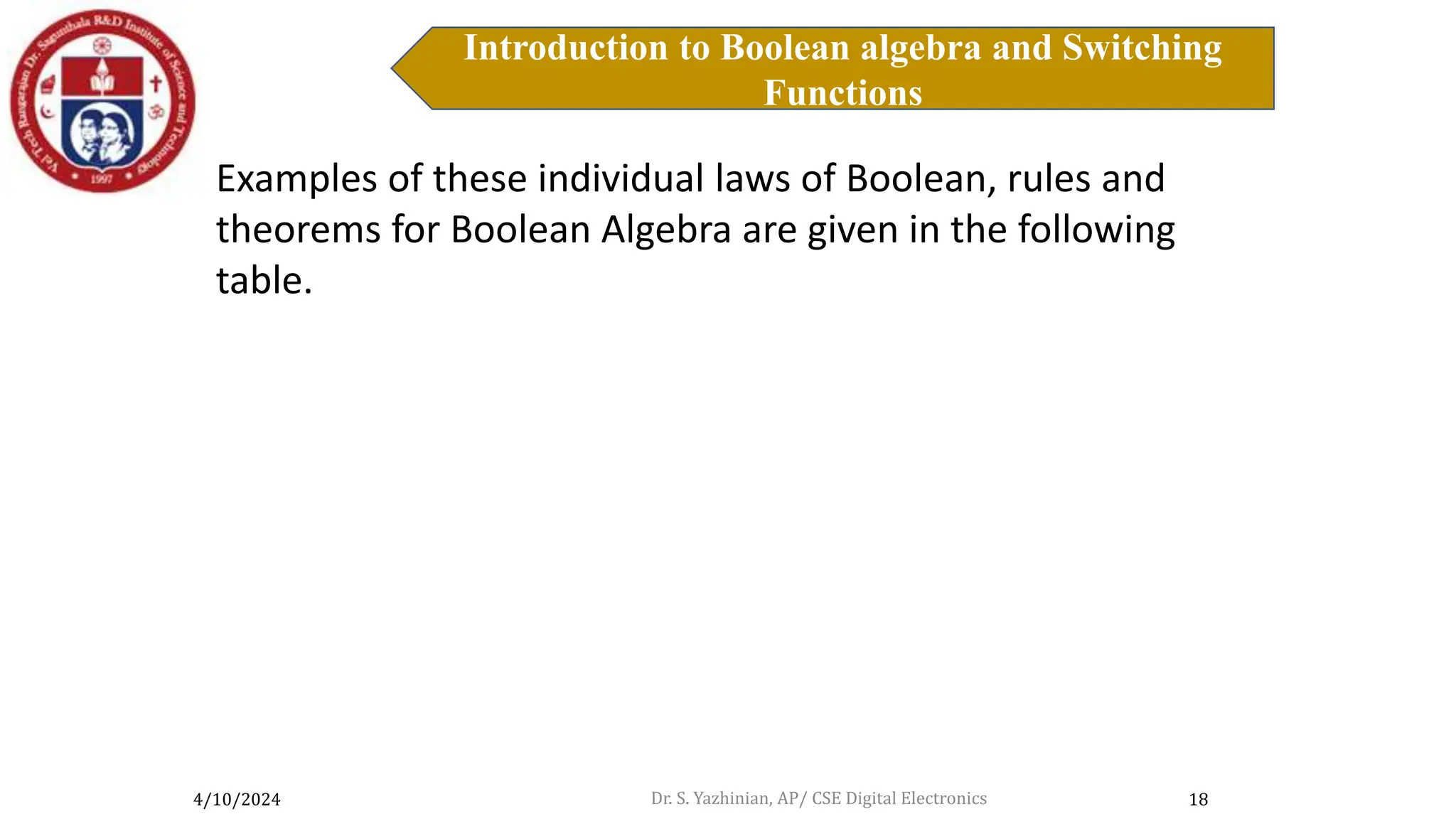 4/10/2024
Introduction to Boolean algebra and Switching
Functions
18
Introduction to Boolean Algebra
Examples of these individual laws of Boolean, rules and
theorems for Boolean Algebra are given in the following
table.
Dr. S. Yazhinian, AP/ CSE Digital Electronics
 