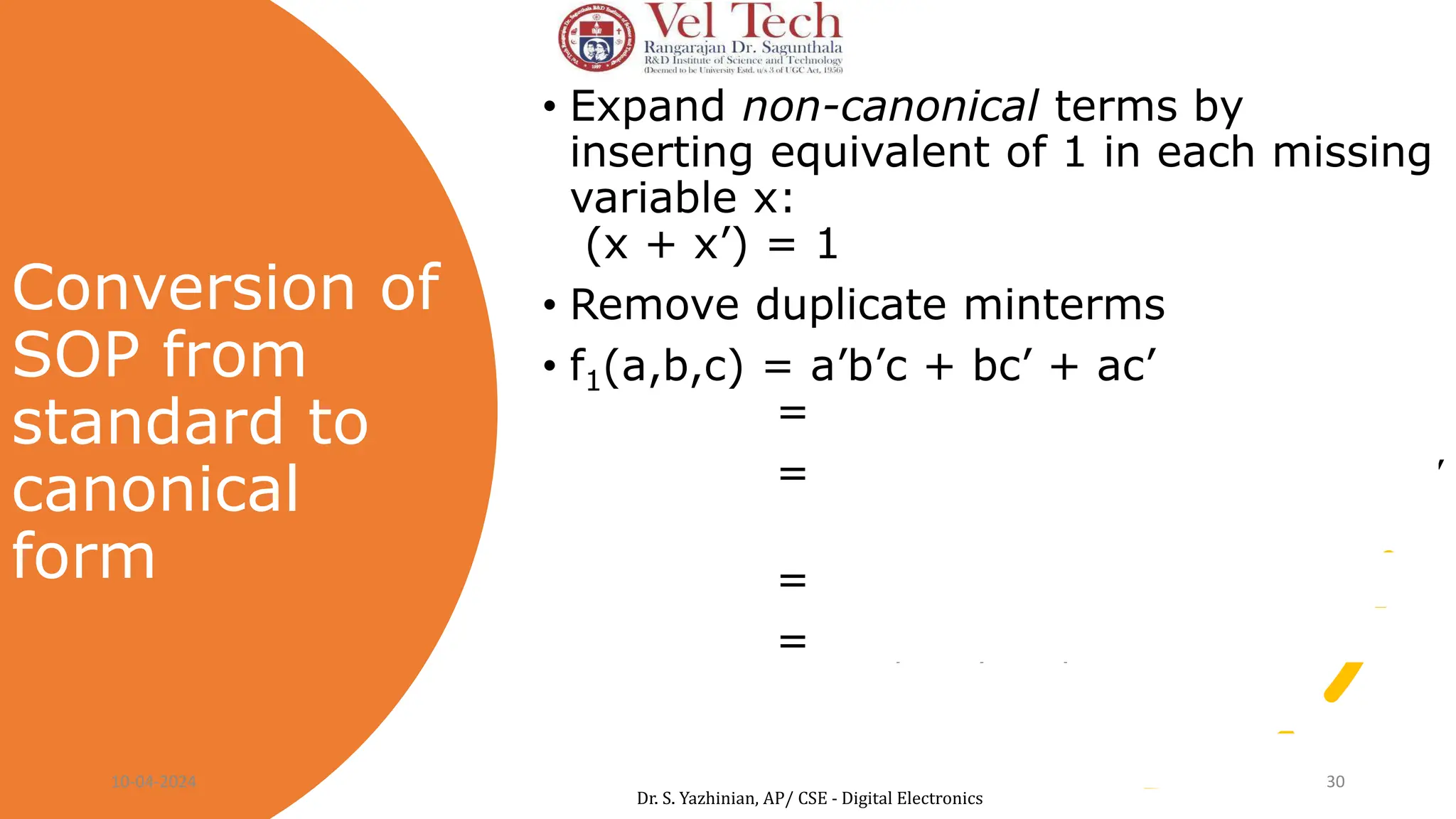Conversion of
SOP from
standard to
canonical
form
• Expand non-canonical terms by
inserting equivalent of 1 in each missing
variable x:
(x + x’) = 1
• Remove duplicate minterms
• f1(a,b,c) = a’b’c + bc’ + ac’
= a’b’c + (a+a’)bc’ + a(b+b’)c’
= a’b’c + abc’ + a’bc’ + abc’ + ab’c’
= a’b’c + abc’ + a’bc’ + ab’c’
= m1,m6,m2,m4
f1(a,b,c)= ∑ (1,2,4,6)
10-04-2024 30
Dr. S. Yazhinian, AP/ CSE - Digital Electronics
 