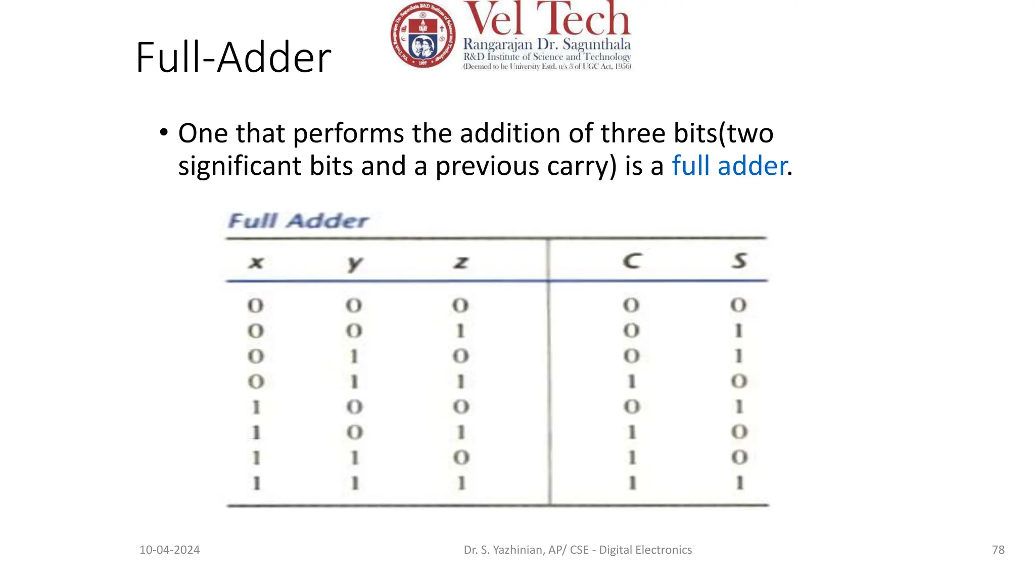 Full-Adder
• One that performs the addition of three bits(two
significant bits and a previous carry) is a full adder.
78
10-04-2024 Dr. S. Yazhinian, AP/ CSE - Digital Electronics
 