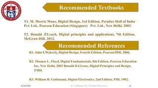 4/10/2024
Recommended Textbooks
12
T1. M. Morris Mano, Digital Design, 3rd Edition, Prentice Hall of India
Pvt. Ltd., Pearson Education (Singapore) Pvt. Ltd., New Delhi, 2003.
T2. Donald .P.Leach, Digital principles and applications, 7th Edition,
McGraw-Hill, 2012.
Recommended References
R1. John F.Wakerly, Digital Design, Fourth Edition, Pearson/PHI, 2006.
R2. Thomas L. Floyd, Digital Fundamentals, 8th Edition, Pearson Education
Inc, New Delhi, 2003 Donald D.Givone, Digital Principles and Design,
TMH.
R3. William H. Gothmann, Digital Electronics, 2nd Edition, PHI, 1982.
Dr. S. Yazhinian, AP/ CSE Digital Electronics
 