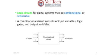 • Logic circuits for digital systems may be combinational or
sequential.
• A combinational circuit consists of input variables, logic
gates, and output variables.
74
10-04-2024 Dr. S. Yazhinian, AP/ CSE - Digital Electronics
 