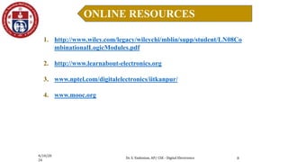 4/10/20
24
Dr. S. Yazhinian, AP/ CSE - Digital Electronics
ONLINE RESOURCES
8
1. http://www.wiley.com/legacy/wileychi/mblin/supp/student/LN08Co
mbinationalLogicModules.pdf
2. http://www.learnabout-electronics.org
3. www.nptel.com/digitalelectronics/iitkanpur/
4. www.mooc.org
 