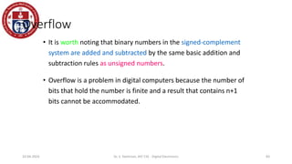 Overflow
• It is worth noting that binary numbers in the signed-complement
system are added and subtracted by the same basic addition and
subtraction rules as unsigned numbers.
• Overflow is a problem in digital computers because the number of
bits that hold the number is finite and a result that contains n+1
bits cannot be accommodated.
83
10-04-2024 Dr. S. Yazhinian, AP/ CSE - Digital Electronics
 