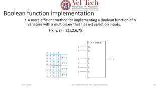 Boolean function implementation
• A more efficient method for implementing a Boolean function of n
variables with a multiplexer that has n-1 selection inputs.
F(x, y, z) = (1,2,6,7)
101
05-07-2024 Dr. S. Yazhinian, AP/ CSE - Digital Electronics
 