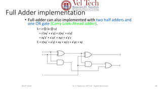 Full Adder implementation
• Full-adder can also implemented with two half adders and
one OR gate (Carry Look-Ahead adder).
S = z ⊕ (x ⊕ y)
= z’(xy’ + x’y) + z(xy’ + x’y)’
= xy’z’ + x’yz’ + xyz + x’y’z
C = z(xy’ + x’y) + xy = xy’z + x’yz + xy
80
05-07-2024 Dr. S. Yazhinian, AP/ CSE - Digital Electronics
 