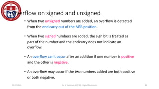 Overflow on signed and unsigned
• When two unsigned numbers are added, an overflow is detected
from the end carry out of the MSB position.
• When two signed numbers are added, the sign bit is treated as
part of the number and the end carry does not indicate an
overflow.
• An overflow can’t occur after an addition if one number is positive
and the other is negative.
• An overflow may occur if the two numbers added are both positive
or both negative.
84
05-07-2024 Dr. S. Yazhinian, AP/ CSE - Digital Electronics
 