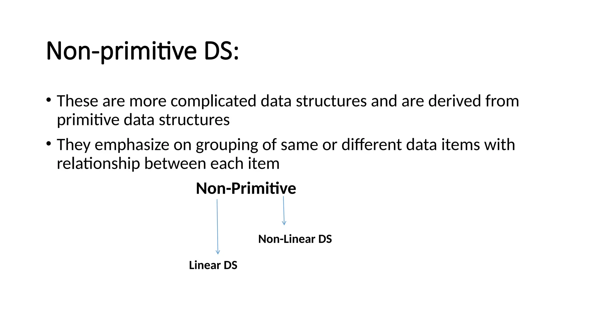 Non-primitive DS: • These are more complicated data structures and are derived from primitive data structures • They emphasize on grouping of same or different data items with relationship between each item Non-Primitive Linear DS Non-Linear DS 