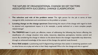 THE NATURE OF ORGANIZATIONAL CHANGE: SIX KEY FACTORS
ASSOCIATED WITH SUCCESSFUL CHANGE CLASSIFICATION
1. The selection and role of the problem owner The right person for the job in terms of their
managerial skills, involvement and commitment to the problem or project.
2. Locating change on the change spectrum Determining the nature of the change with regard to both
its physical and organizational impact. Is it, for example, a purely technical or a more complex people
related change?
3. The TROPICS test A quick, yet effective, means of addressing the following key factors affecting the
classification of a change situation: time scales, resources, objectives, perceptions, interest, control and
source. By considering the change in relation to the above factors the manager responsible may determine,
through an enhanced knowledge of the nature of the change, the optimal route forward.
4. Force field analysis: a positioning tool A diagramming technique that assists in answering questions such
as: what forces are at play and what is their likely magnitude? Who is for the change and who is against?
 