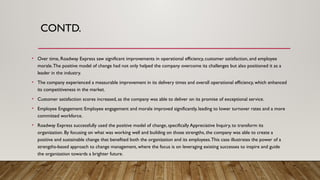 CONTD.
• Over time, Roadway Express saw significant improvements in operational efficiency, customer satisfaction, and employee
morale.The positive model of change had not only helped the company overcome its challenges but also positioned it as a
leader in the industry.
• The company experienced a measurable improvement in its delivery times and overall operational efficiency, which enhanced
its competitiveness in the market.
• Customer satisfaction scores increased, as the company was able to deliver on its promise of exceptional service.
• Employee Engagement: Employee engagement and morale improved significantly, leading to lower turnover rates and a more
committed workforce.
• Roadway Express successfully used the positive model of change, specifically Appreciative Inquiry, to transform its
organization. By focusing on what was working well and building on those strengths, the company was able to create a
positive and sustainable change that benefited both the organization and its employees.This case illustrates the power of a
strengths-based approach to change management, where the focus is on leveraging existing successes to inspire and guide
the organization towards a brighter future.
 