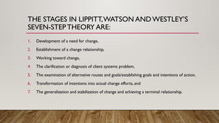 THE STAGES IN LIPPITT,WATSON ANDWESTLEY’S
SEVEN-STEP THEORY ARE:
1. Development of a need for change,
2. Establishment of a change relationship,
3. Working toward change,
4. The clarification or diagnosis of client systems problem,
5. The examination of alternative routes and goals/establishing goals and intentions of action,
6. Transformation of intentions into actual change efforts, and
7. The generalization and stabilization of change and achieving a terminal relationship.
 